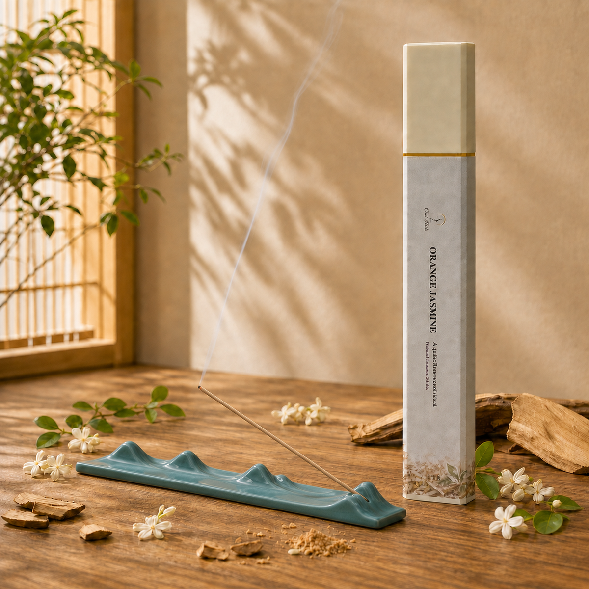 Orange Jasmine Sandalwood 50g with Dark Green Landscape Ceramic Incense Holder
