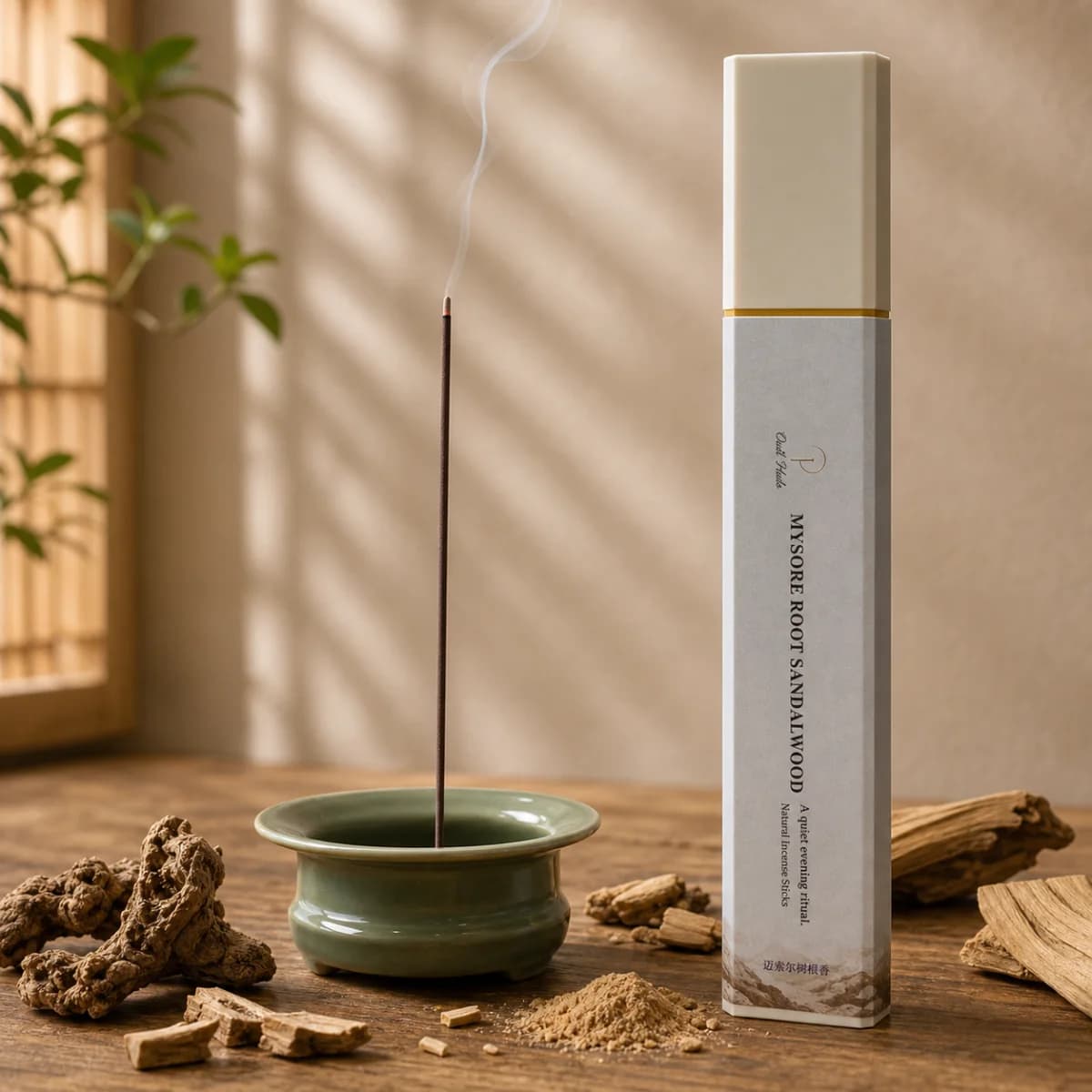 Oudhalo Mysore Root Sandalwood incense in a warm wood setting