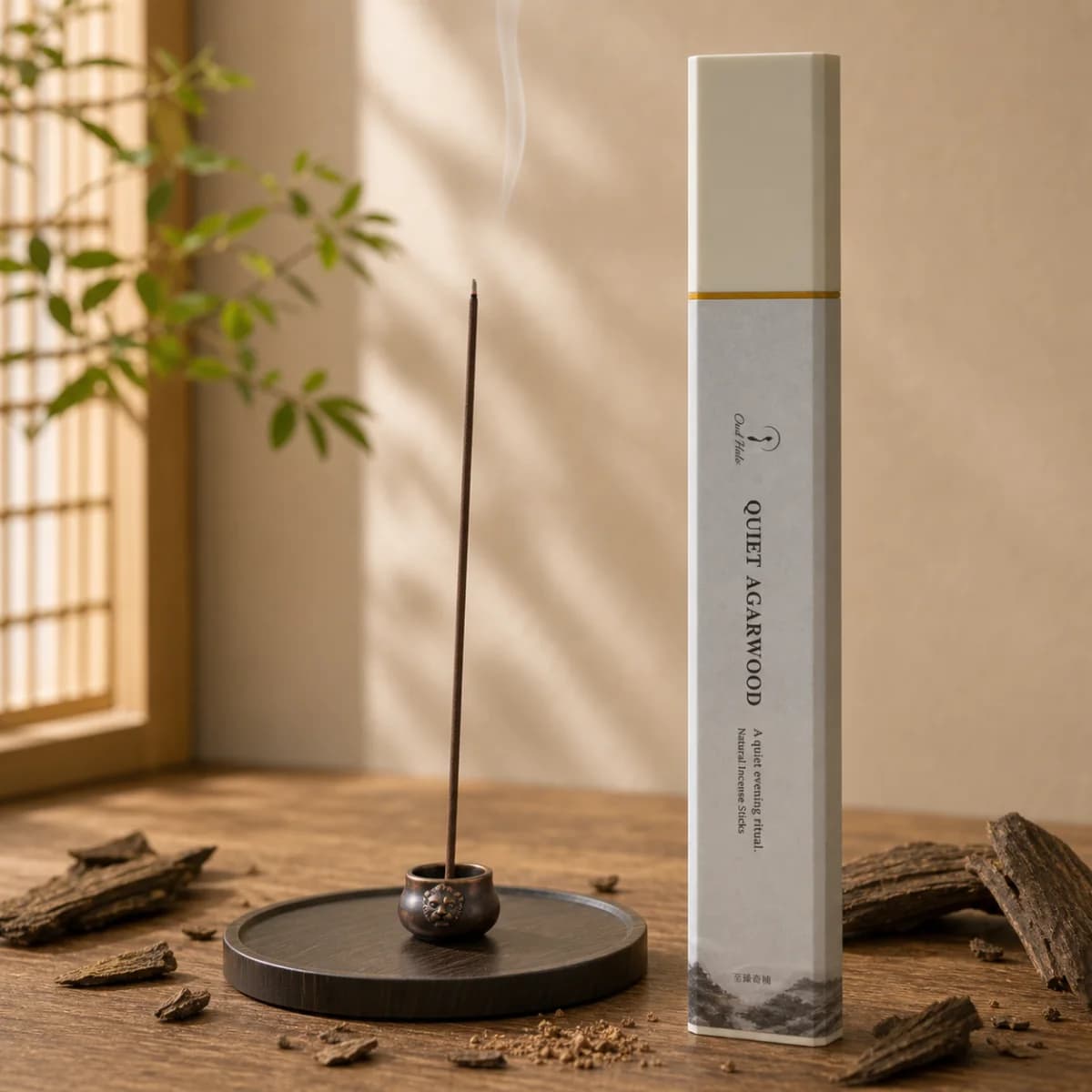 Oudhalo Quiet Agarwood incense in a calm evening room