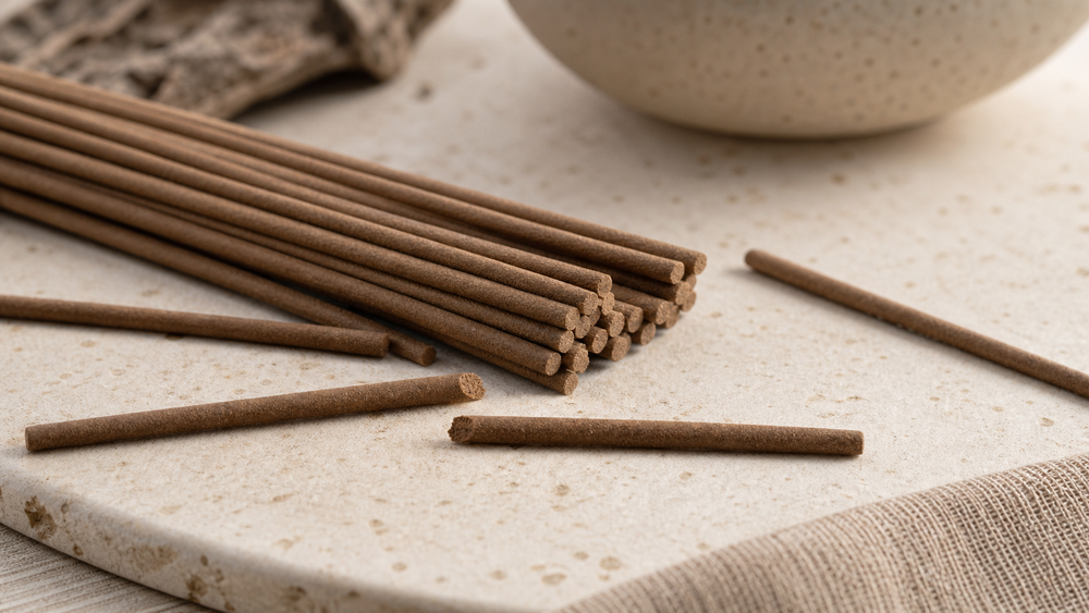 Thin natural-brown bamboo-free incense sticks with solid cross-sections on a neutral stone surface.