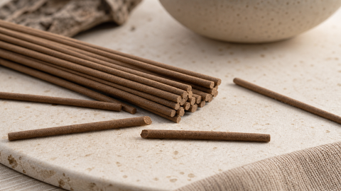 Thin natural-brown bamboo-free incense sticks with solid cross-sections on a neutral stone surface.