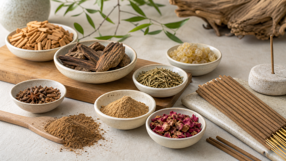 Blended incense materials in ceramic bowls beside finished incense sticks