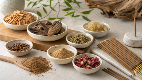 Blended incense materials in ceramic bowls beside finished incense sticks