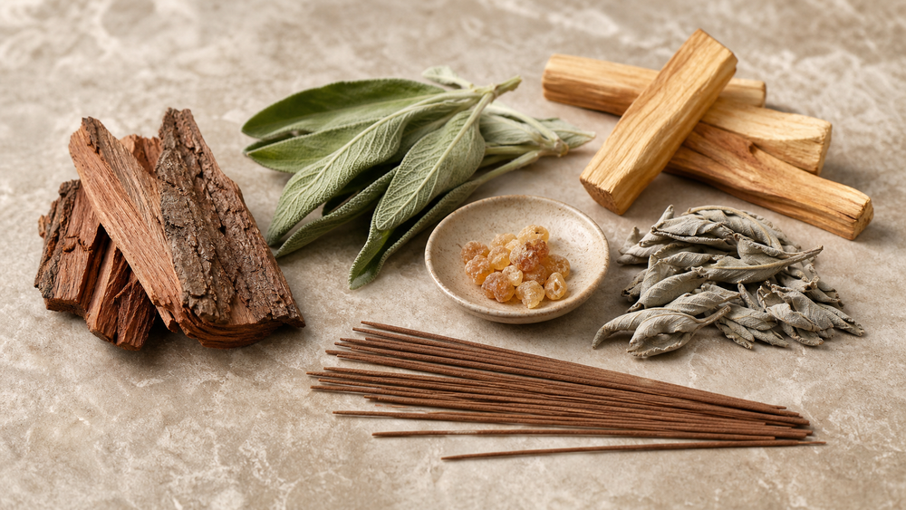 Thin natural-brown coreless incense with cedar, sage, palo santo wood, and resin.