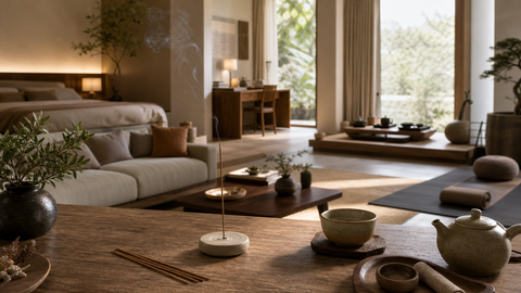 Thin natural-brown coreless incense in a calm multipurpose room with areas for rest, work, tea, and wellness.