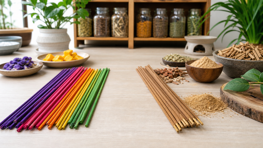 Brightly colored incense sticks beside natural brown incense sticks and raw aromatic materials