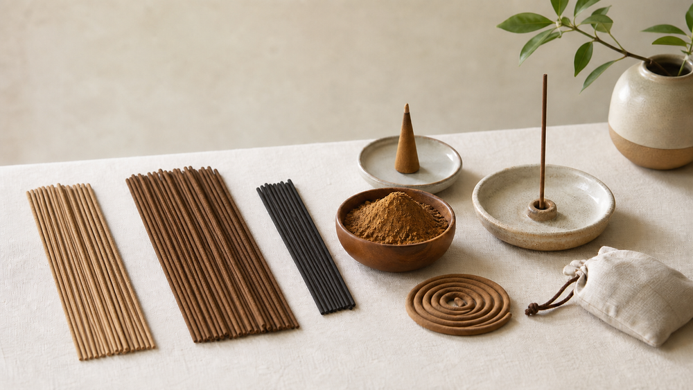 Common incense forms arranged on a light-colored table include bamboo-free incense, coil incense, cone incense, incense powder, incense sachet, and ceramic incense holder.