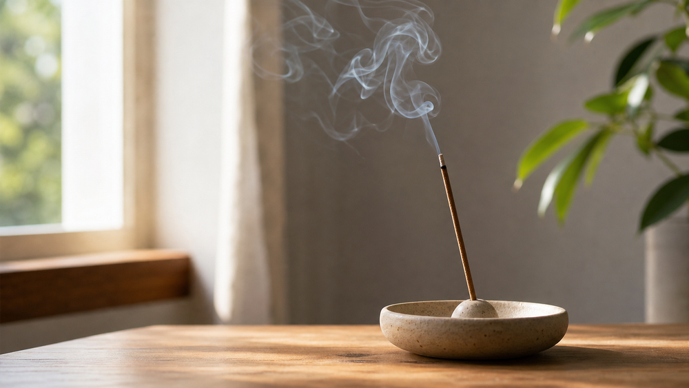 A single incense stick burning in a ceramic holder with soft smoke near a sunlit window.