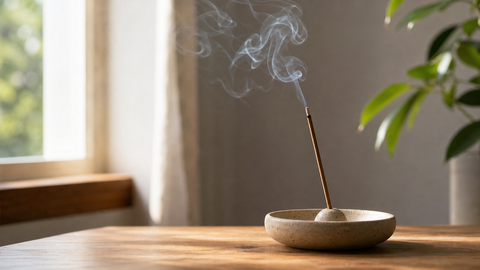 A single incense stick burning in a ceramic holder with soft smoke near a sunlit window.