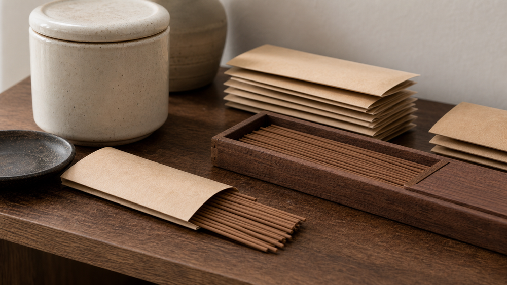 Thin natural-brown coreless incense stored in plain paper sleeves, a wooden box, and a sealed ceramic jar.