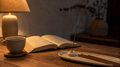 A thin natural-brown coreless incense stick beside tea and a book in warm evening light.