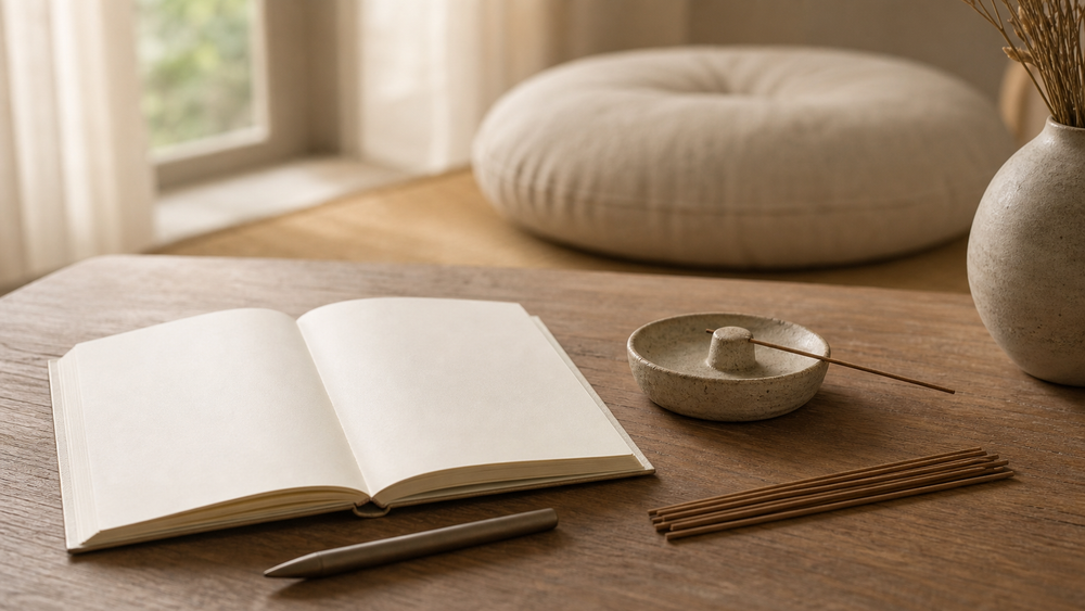 Thin natural-brown coreless incense beside an open journal in a quiet meditation space.
