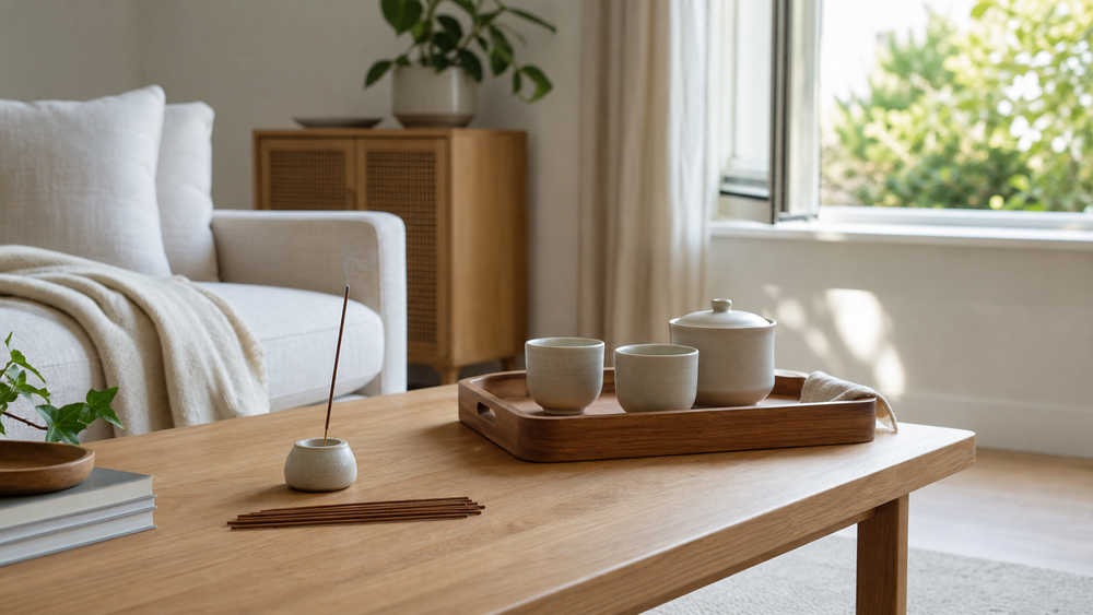 Thin natural-brown coreless incense in a bright clean living room prepared for morning guests.