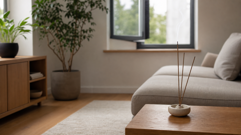 Thin natural-brown coreless incense in a ceramic holder beside an open apartment window.