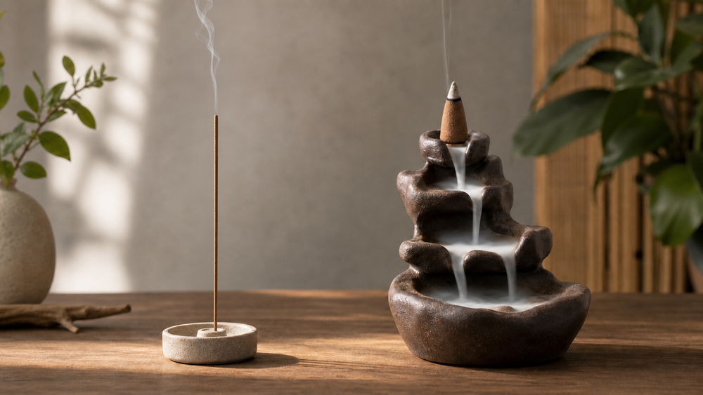 One thin bamboo-free incense stick with upward smoke beside a backflow incense cone with downward smoke
