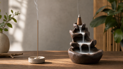 One thin bamboo-free incense stick with upward smoke beside a backflow incense cone with downward smoke