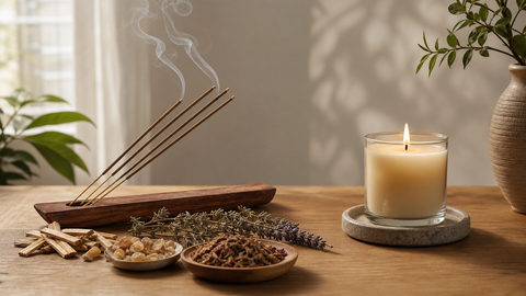Natural incense sticks burning beside a lit scented candle on a safe wooden tabletop