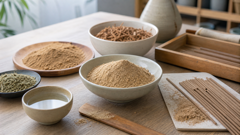 Makko powder and incense-making materials on a wooden worktable