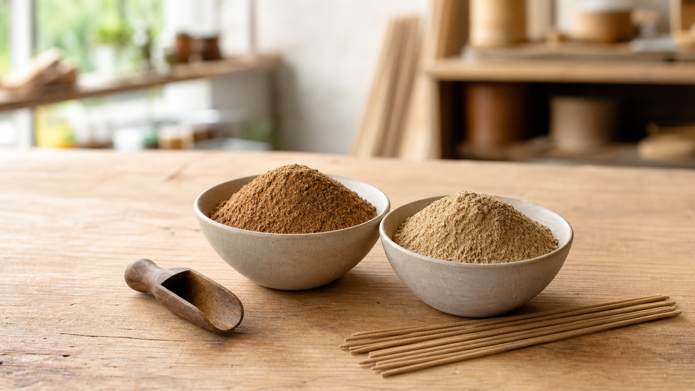 Two bowls of natural incense binding powder with bamboo-free incense sticks on a wooden worktable