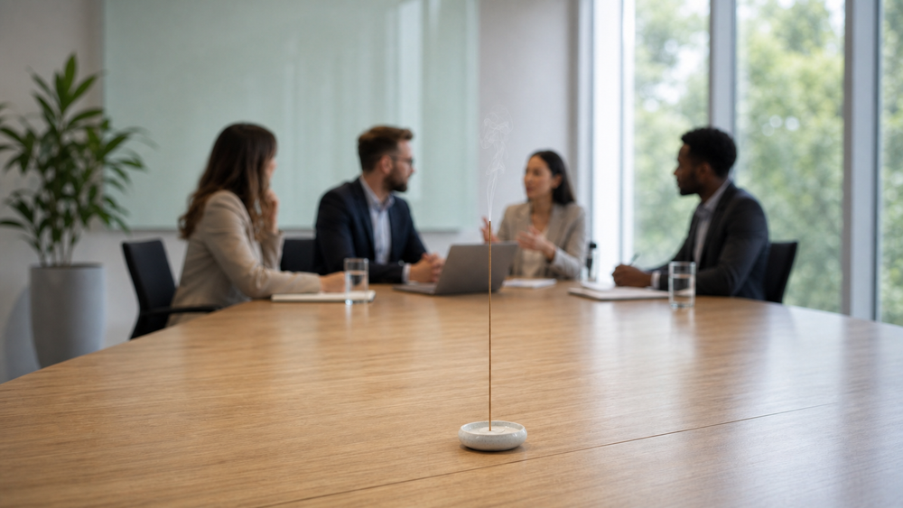 Very thin bamboo-free incense stick in focus on a meeting table with people discussing in the blurred background