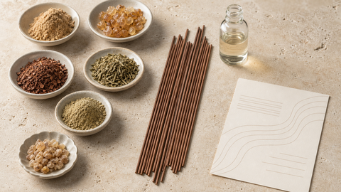 Thin natural-brown coreless incense with powdered woods, herbs, resin, scent liquid, and an unbranded information card.