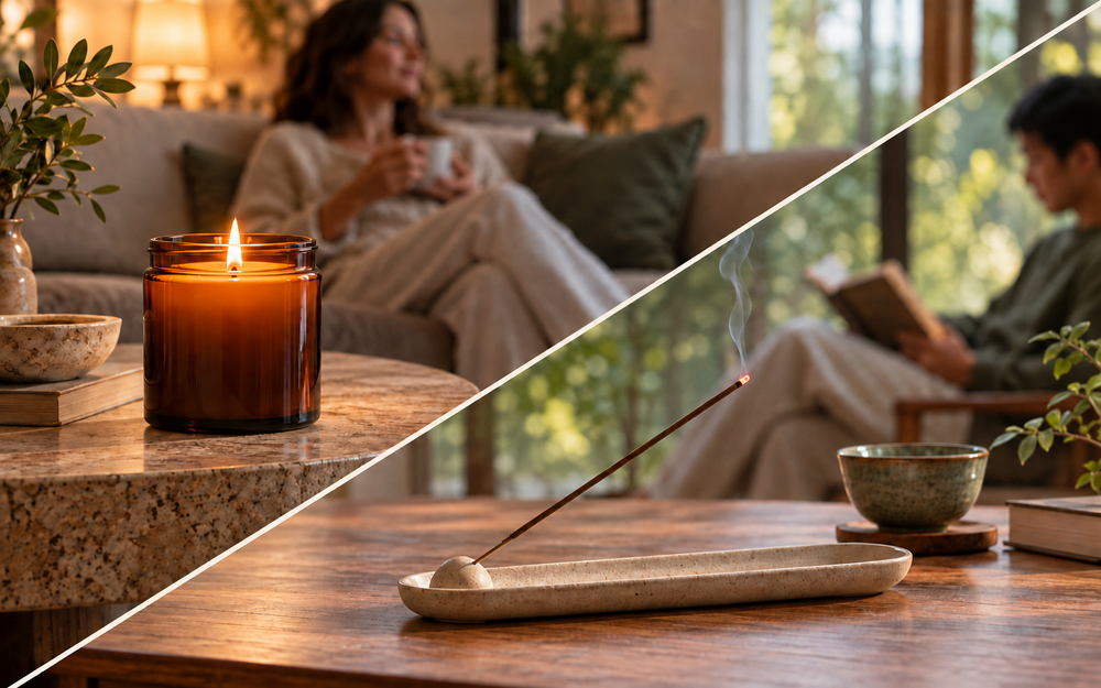 A diagonal split compares a lit scented candle on the left with an incense stick and rising smoke on the right, with relaxed readers in the background.