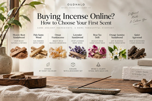 Oudhalo first-scent guide comparing seven incense fragrance profiles with botanical illustrations.