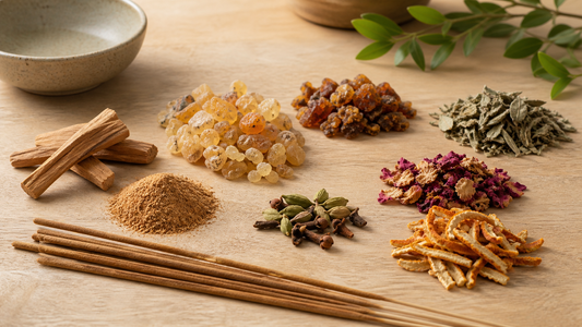 Natural incense materials including wood, resins, herbs, flowers, citrus peel, spices, and incense sticks on a wooden table.