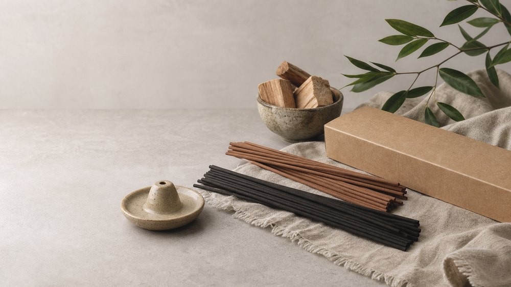 Unbranded bamboo-free incense sticks with a ceramic holder and kraft packaging for a private label project