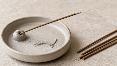 A thin natural-brown coreless incense stick, realistic gray ash, and matching solid incense ends in a ceramic ash catcher.