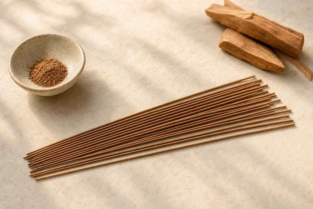 A bundle of thin natural-brown bamboo-free incense sticks with sandalwood pieces and incense powder.