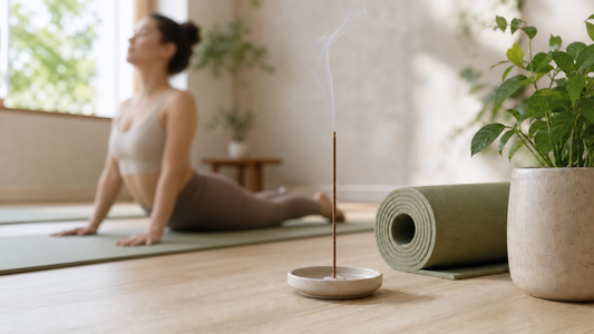 Thin bamboo-free incense stick in focus with a yoga practitioner blurred in the background