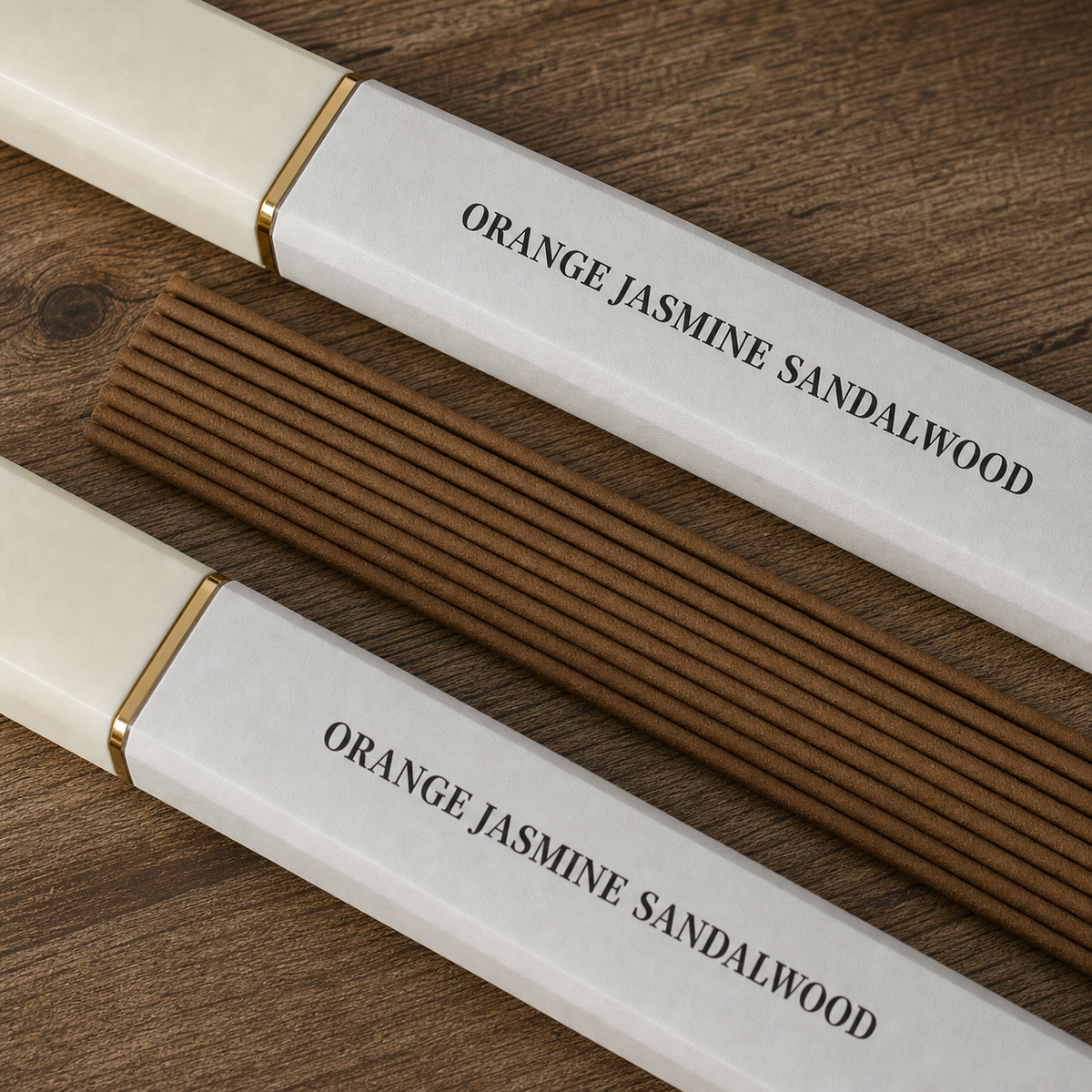 Coreless natural incense sticks arranged on a dark wood table