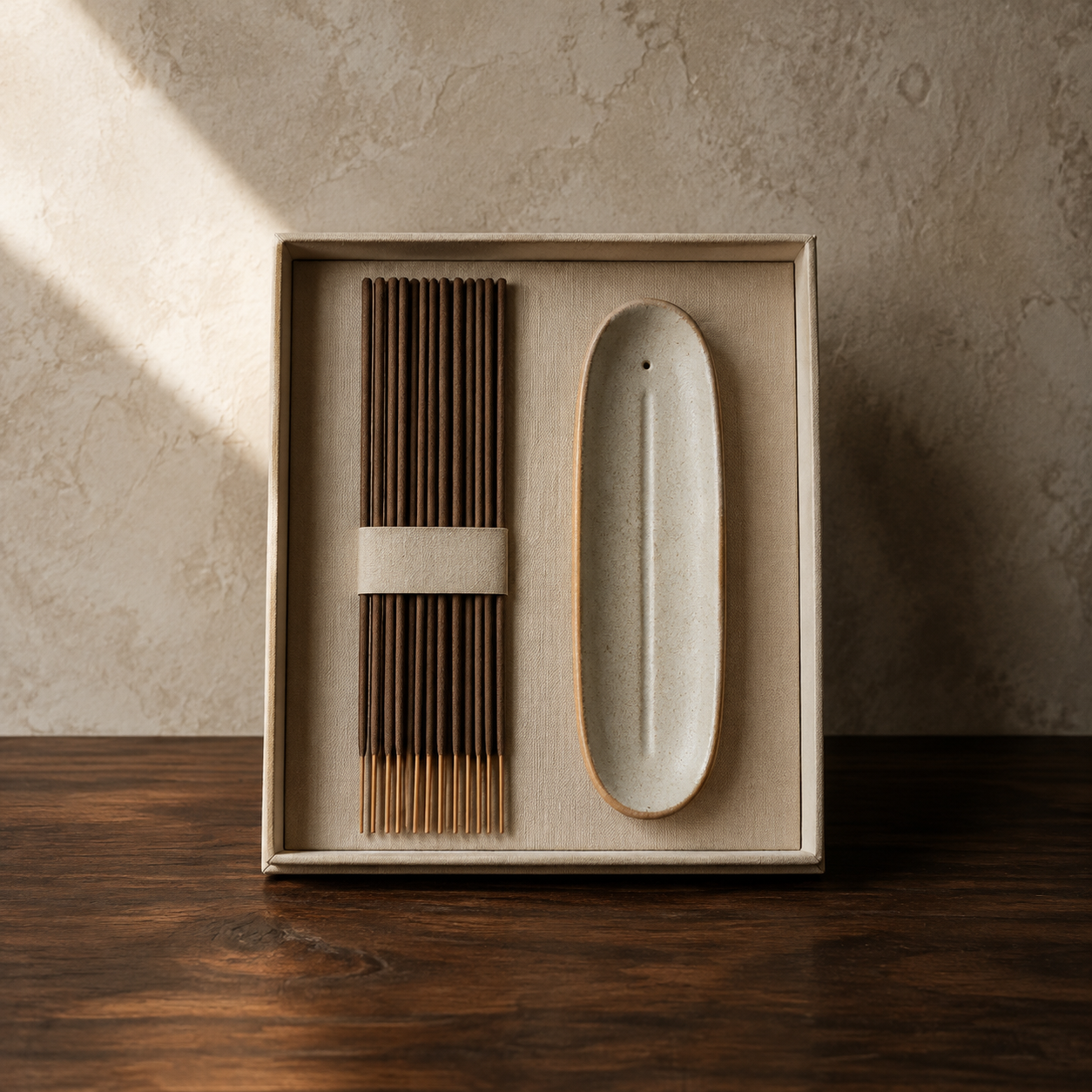 Natural incense and ceramic holder arranged as a considered gift set