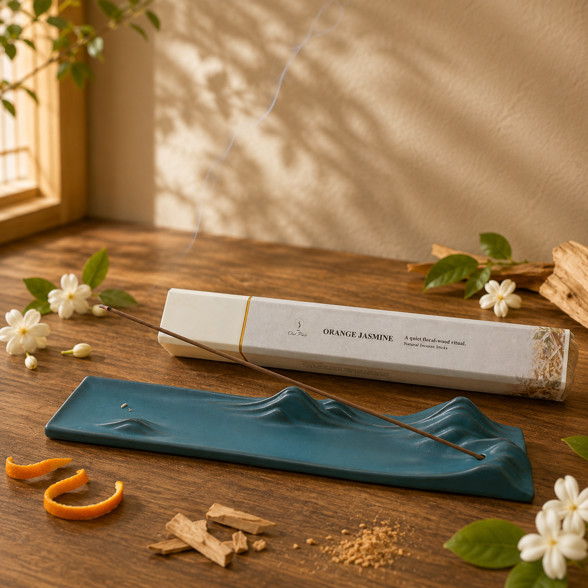 Orange Jasmine Sandalwood 50g incense box with a dark green holder and white blossoms