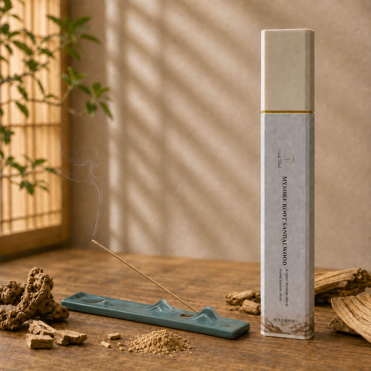 Mysore Root Sandalwood 50g with Dark Green Landscape Ceramic Incense Holder