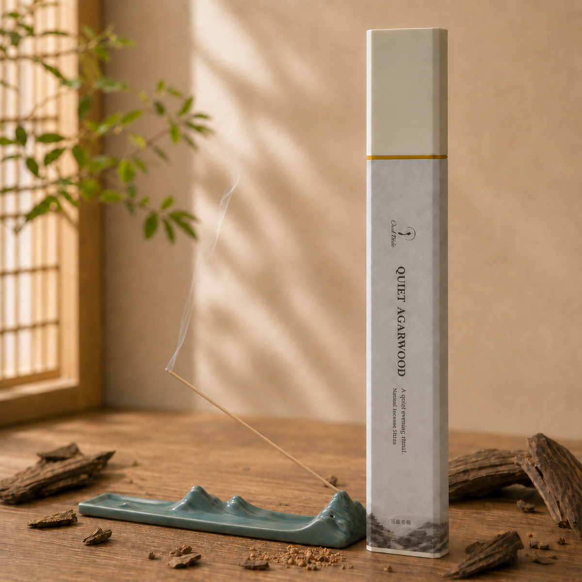 Quiet Agarwood 50g with Dark Green Landscape Ceramic Incense Holder