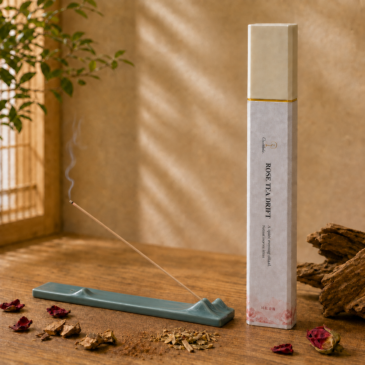 Rose Tea Drift 50g with Dark Green Landscape Ceramic Incense Holder