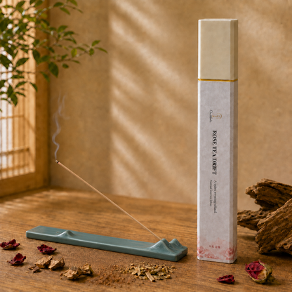 Rose Tea Drift 50g with Dark Green Landscape Ceramic Incense Holder
