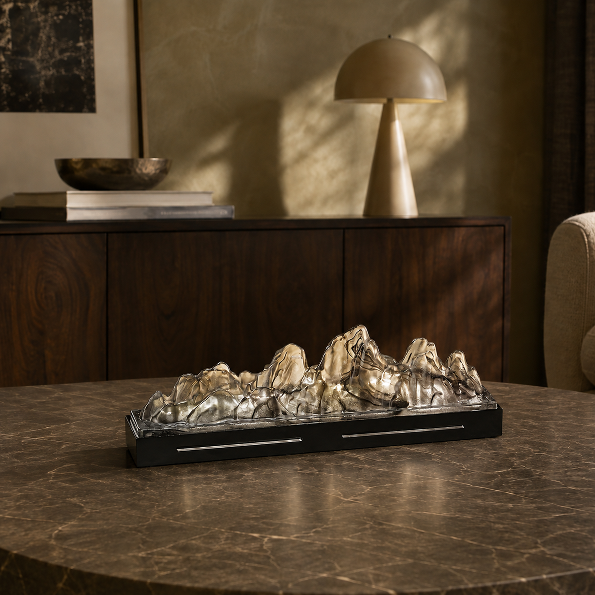 Landscape glass incense box on a dark stone coffee table