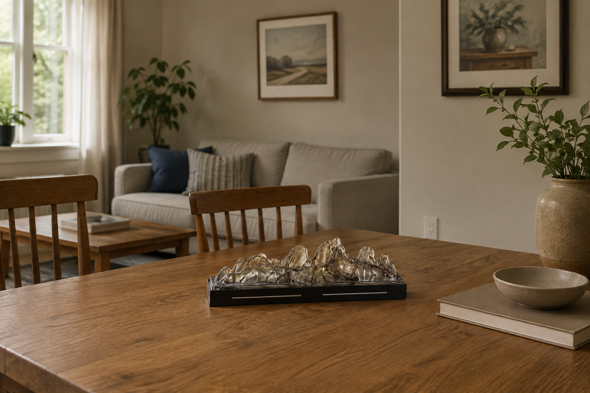 Landscape glass incense box on a wooden dining table