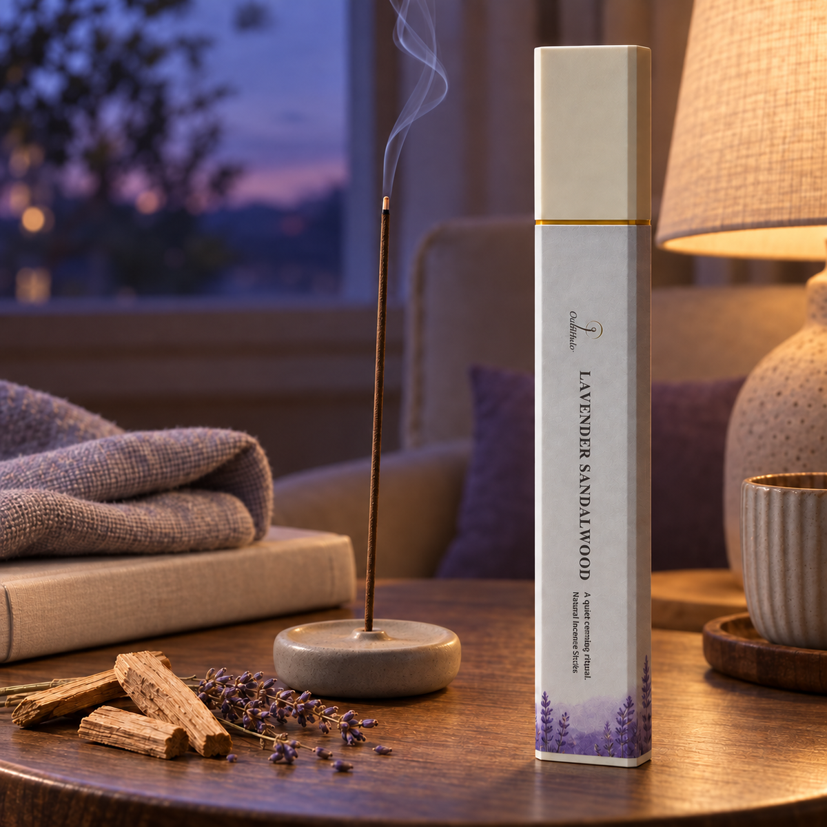 Lavender Sandalwood incense in a quiet twilight reading corner