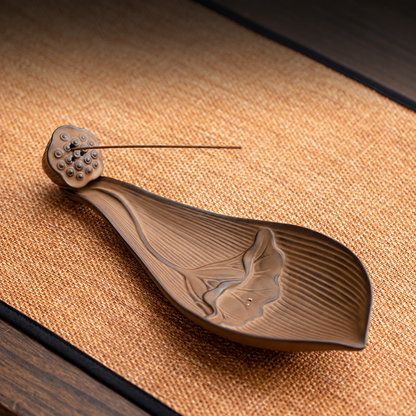 Lotus Boat Ceramic Incense Stick Holder - Antique Brown (Without Base) 莲舟陶瓷线香插-仿古色无底座