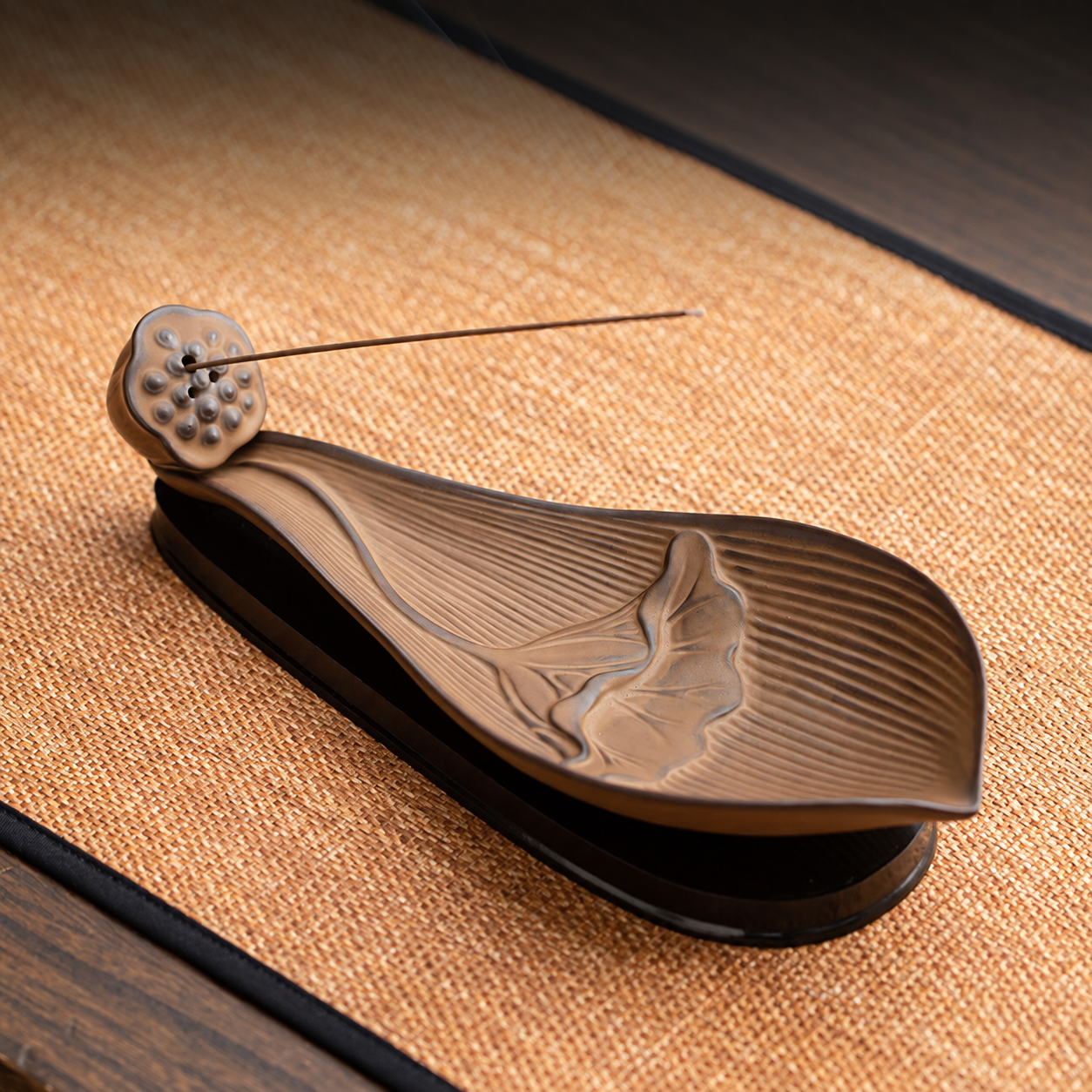 Lotus Boat Ceramic Incense Stick Holder - Antique Brown (With Wooden Base) 莲舟陶瓷线香插+木底座-仿古色