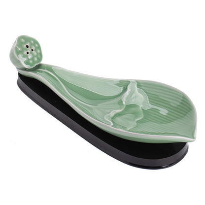 Celadon Green Lotus Boat Incense Stick Holder with Wooden Base 莲舟青瓷带底座线香插白底图