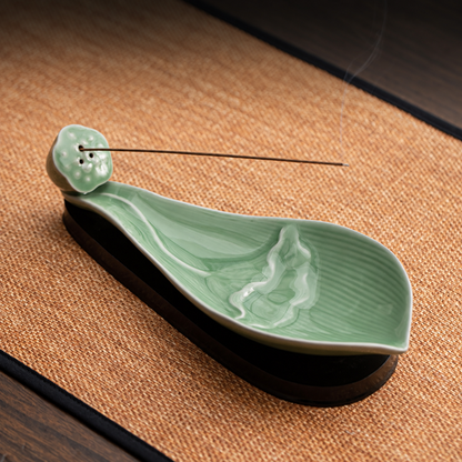 Lotus Boat Ceramic Incense Stick Holder - Celadon Green (With Wooden Base) 莲舟陶瓷线香插+木底座-青瓷色