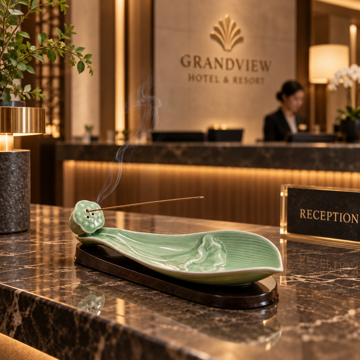 Lotus Boat Ceramic Incense Stick Holder in Serene Reception Setting 莲舟陶瓷线香插高级前台茶席