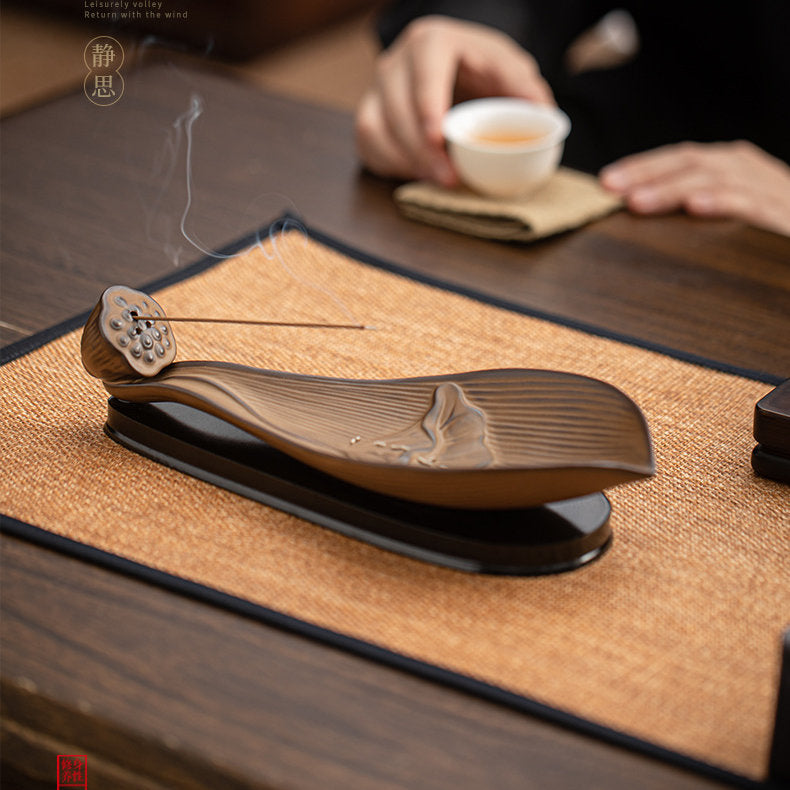 Antique Brown Lotus Boat Incense Stick Holder on Tea Mat with Smoke 莲舟仿古色线香插燃香实拍