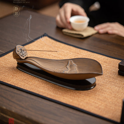 Antique Brown Lotus Boat Incense Stick Holder on Tea Mat with Smoke 莲舟仿古色线香插燃香实拍