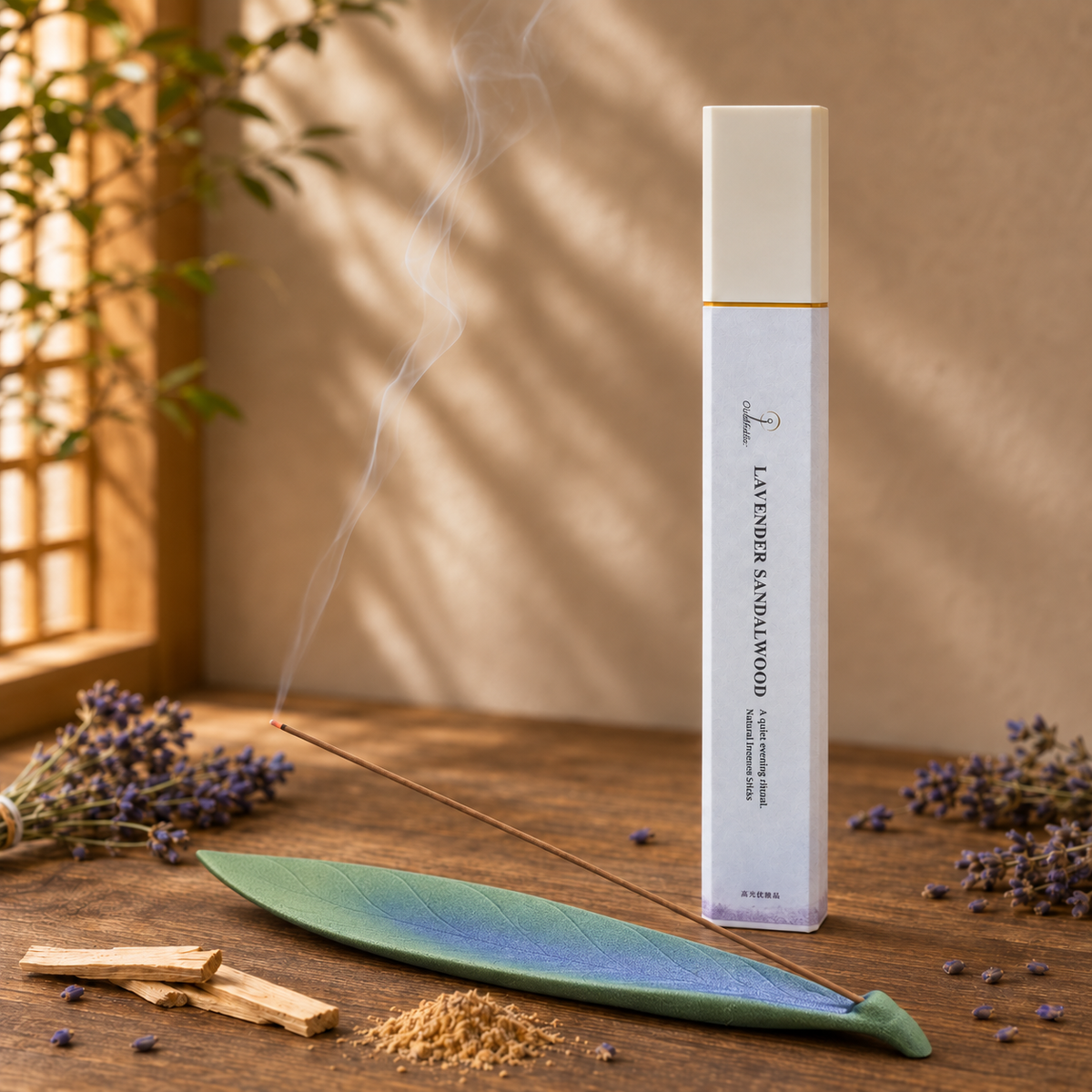 Lavender Sandalwood 50g incense and Lucky Leaf holder set